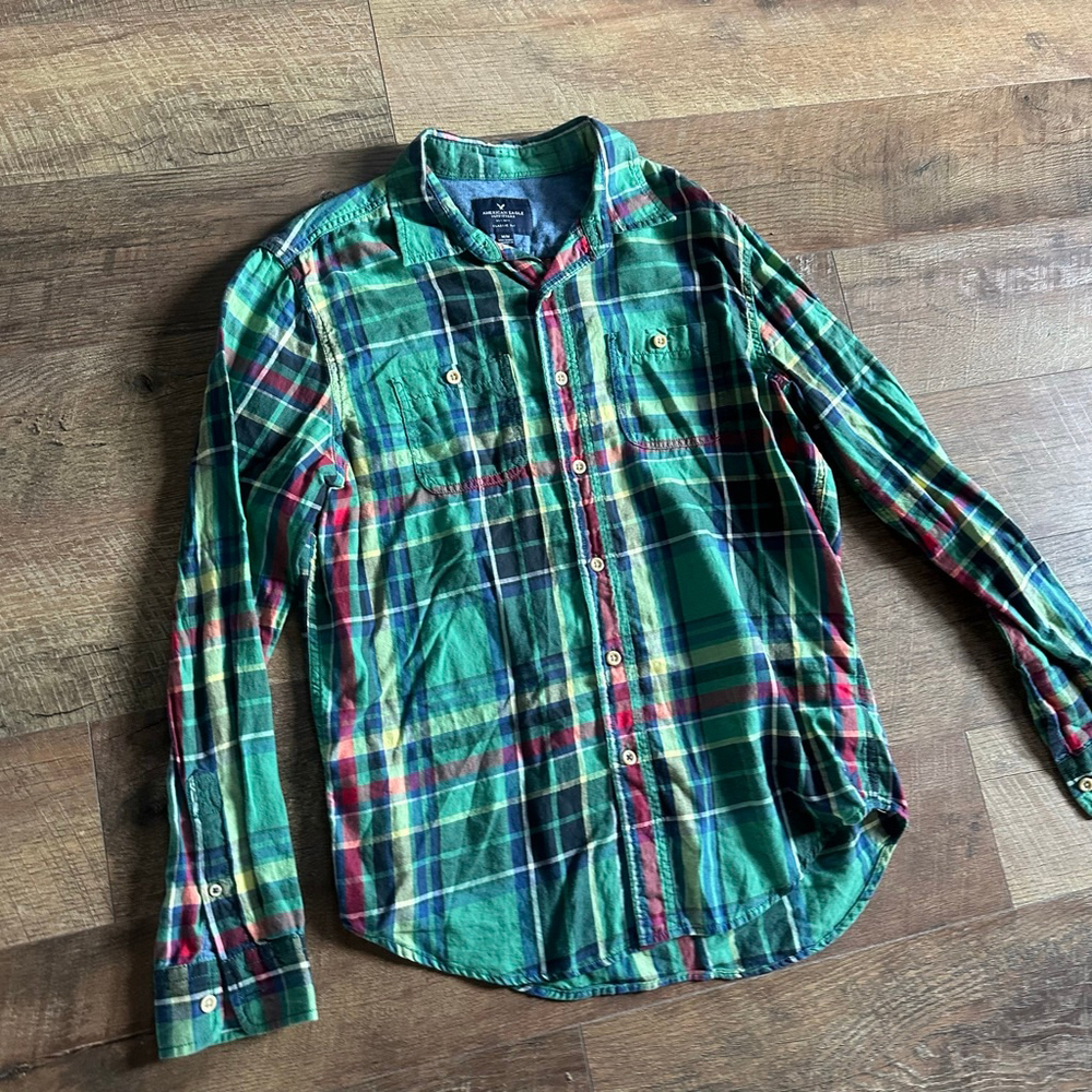 Men's American Eagle Green Plaid Casual Button Down Shirt M